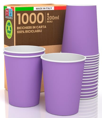 1000 Pappbecher, 200 ml, lila, hergestellt in Italien, umweltfreundlich, biologisch abbaubar, Einweg, für den Sport, heiße Getränke, buntes Wasser – hergestellt und verpackt in Italien
