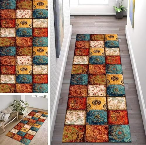 ZUZEKU Boho Läufer Flur Küche Waschbar rutschfest 100X150cm Bunt Vintage Lang Küchenteppich Flurteppich Teppich Fur Korridor Wohnzimmer Schlafzimmer Meterware Anpassbar