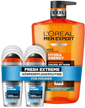 L'Oréal Men Expert kühlendes Körperpflegeset für Männer, Mit XXXL Duschgel und 6x Deo Roll-on Set für Herren mit Taurin und Cooling Effekt, Hydra Energy, Fresh Extreme, 7-teilig