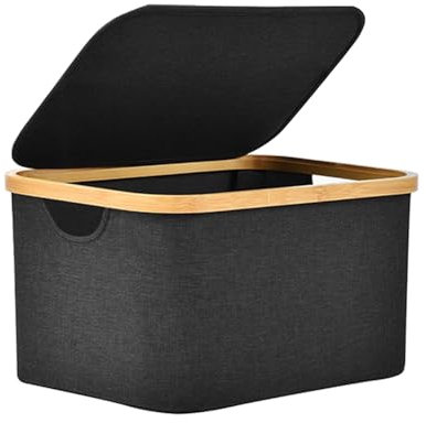 HOME GOODS Caja Almacenaje Plegable con Tapa, Caja Almacenaje de Tela,Cesta Organizadora Plegable,Almacenamiento Decorativo, Marco de Bambú, Cesta con Asas,Rectangular (38 * 26 * 20)