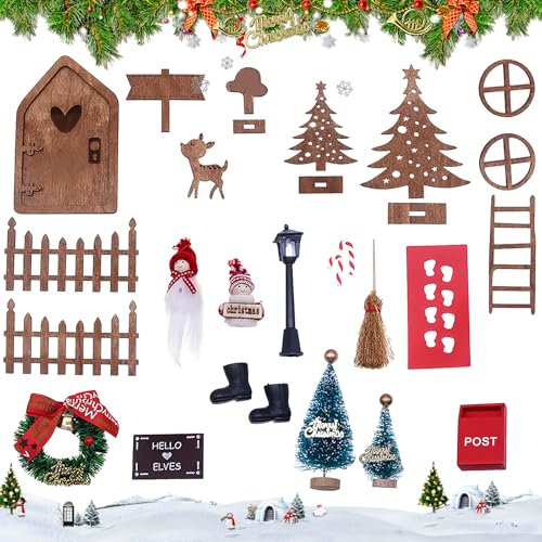Elfinfi Porta Elfo Natale, Porta Elfo di Legno, Porticina Elfo Natale con Ghirlanda di Natale, Accessori Elfo Natale, Porta Dell Elfo di Natale, Elfo Natale set Regalo di Natale per Bambini
