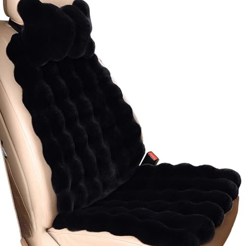 Verdickte Plüsch Autositzkissen Set, Winter Universal Autositzschoner mit Rückenlehne Kopfstützen, für die Meisten Fahrzeugsitze (Black,Front Row1PC)