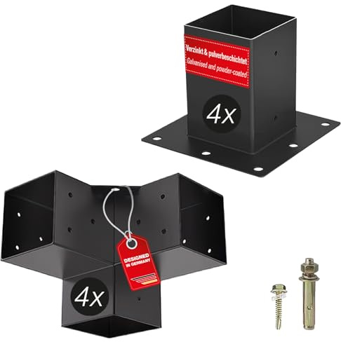 SOTECH byggsats 8 delar (4x hörnkopplingar + 4x jordhylsor) fyrkantig 100 x 100 mm stålgalvaniserat och svart pulverlackerat för maximalt korrosionsskydd, stolpförankring för aluminium- och