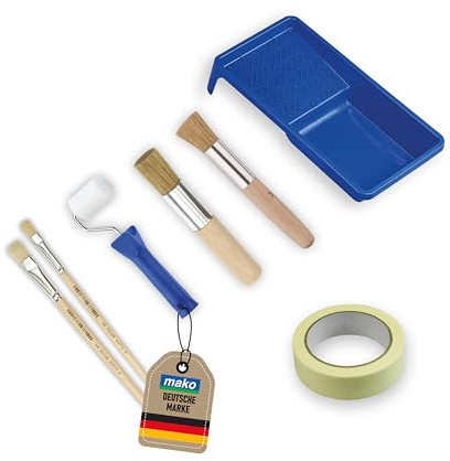 mako Schablonierset 7-TLG. – Farbwanne, Roller & Pinsel | mit Schaumstoffroller, runden & flachen Pinseln (Ø 10-16 mm), 18 mm Abdeckklebeband