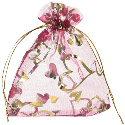 QUARKZMAN 50 Stück Organzasäckchen, 9x12cm Geschenksäckchen Schmuckbeutel Herz-Muster Mesh Säckchen mit Zugband, Organzabeutel für Hochzeit Party Weihnachten Süßigkeiten, Rose Rot-Gold