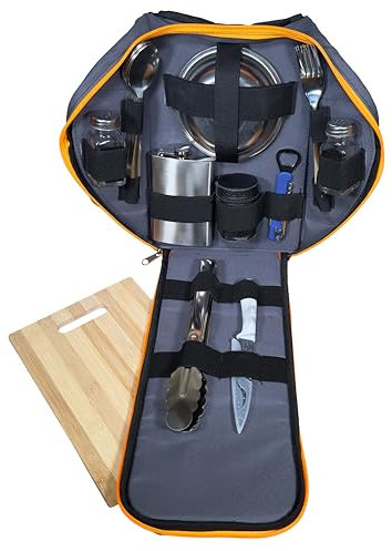 BBQ Camping Geschirr Set 6 Personen – Komplettes Outdoor Kochgeschirr mit Besteck, Tellern, Bechern, Flachmann & Grillzange – Ideales Reise-Set für Camping, Fahrrad-Touren, Urlaub & Picknick