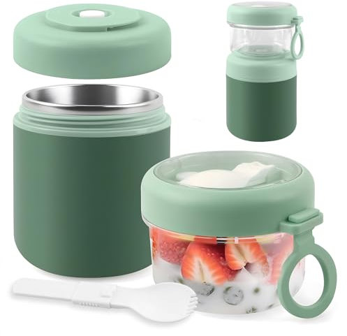 Taza de Cereales y Yogurt para Llevar de Doble Capa con Cuchara, 530 ml + 330 ml Termo de acero inoxidable, Taza de cereales portátil a prueba de fugas, para la Escuela, Oficina, Viajes, Verde