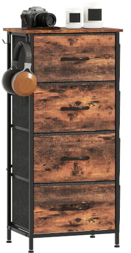 HOMCOM Chest of Drawers for Bedroom, 4 Fabric Drawers, Rustic Brown | Dresser, Tall Storage Unit, 4 Pockets, 2 Hooks, Steel Frame, Living Room, Hallway