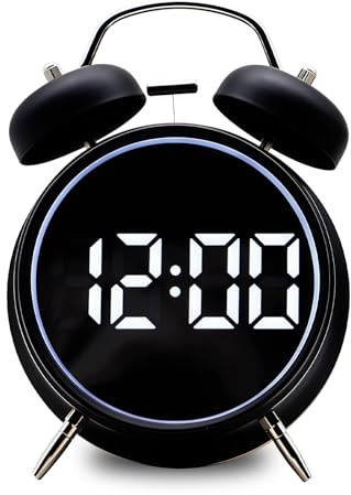 PORFOYO Wecker Digital, Wecker Analog, Doppelglockenwecker mit LED Anzeige, Batteriebetrieben, Ohne Ticken für Tiefschläfer, Kinder, Büroangestellter, Schlummerfunktion, Schwarz