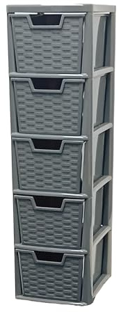 KYY'Z Rattan Effect Drawer Plastic Storage Organizer- Multipurpose Storage Drawer Unit Home Kitchen Office School Garage Bedroom Bathroom Stationery Toys 25Dx19Wx 78Hcm (Grey, 5 Tier)