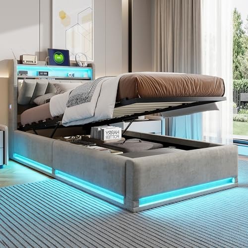 JiaOyu Polsterbett Einzelbett 90x200 cm, Hydraulisch Stauraumbett Bett mit Stauraum Kopfteil, Bettgestell mit Lattenrost, Jugendbett Funktionsbett mit USB und Typ-C Ladefunktion, Ohne Matratze(Grau)