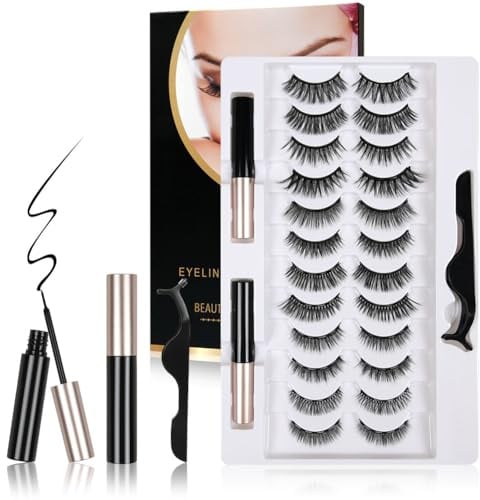 LOPHE Magnetische Wimpern, 12 Paare Falsche Magnet Wimpern Extensions mit Eyeliner und Wimpernclip, 3D Magnet Eyelashes Set Lange Flauschige Lashes für Makeup Cosplay, A