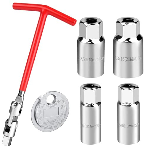 6 stycken tändstiftsnyckelsats, universal T-handtag tändstiftsnyckel, tändstiftsmätare, tändstiftsnyckelsats för de flesta bilar, motorcyklar, gräsklippare, 14 mm, 16 mm, 18 mm, 21 mm – röd