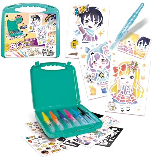 Lansay - Blopens Mein Koffer Manga - Kreatives Basteln - Ab 5 Jahren | Pustestifte - 6 Schablonen und Über 40 Sticker Enthalten - Vielfältige Grafische Kompositionen - Format zum Transport