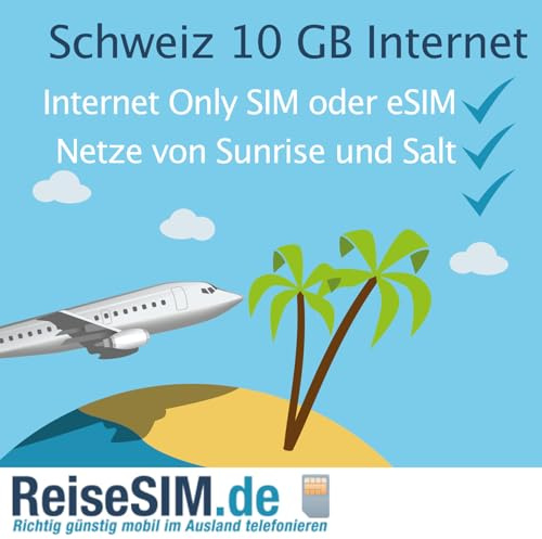 ReiseSIM Schweiz Internet SIM-Karte, 10 GB Datenvolumen, 30 Tage Gültigkeit, 4G/5G Netz, 3in1 SIM