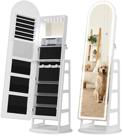 TAGELIER LED Schmuckschrank mit Spiegel, 360° drehbar, Weiß | Bogenförmiger Ganzkörperspiegel mit integrierter LED-Beleuchtung und zusätzlichem Innenspiegel