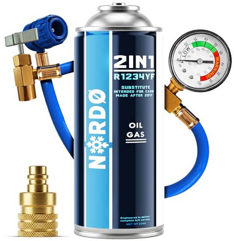 Nordo - Kit ricarica climatizzatore R1234yf con gas R1234yf 3in1 – 2x 235 g – Gas R1234yf – ECO – con adattatore AZ e tubo