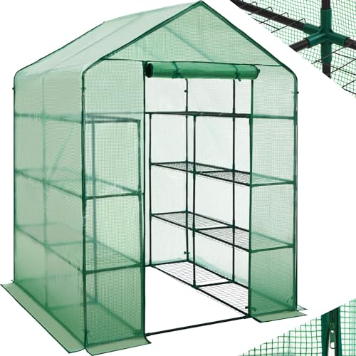 tectake® Invernadero Exterior con 16 Baldas Metálicas, Cubierta de PE contra UVA, Invernadero Terraza 143x143x195cm, Caseta Jardin Exterior con Puerta Enrollable, Ideal Huerto y Jardín, Fácil Montaje