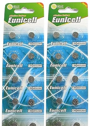 Eunicell Batteria Bottone Alcalina AG3 / LR41 / 192 / 392, 2 x Confezione da 10 pezzi, lungo data di scadenza (data segnato)