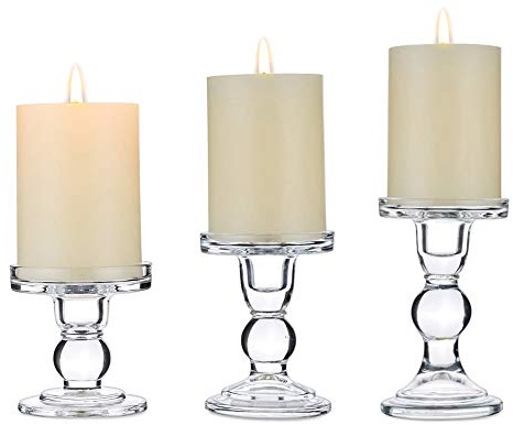 NUPTIO Ensemble de 3 Bougeoirs en Verre Transparent pour Bougies Pilier et de Chandelle 75mm, 2 Utilisations pour Bougeoirs pour la Décoration la Maison de Mariage, Chandelier