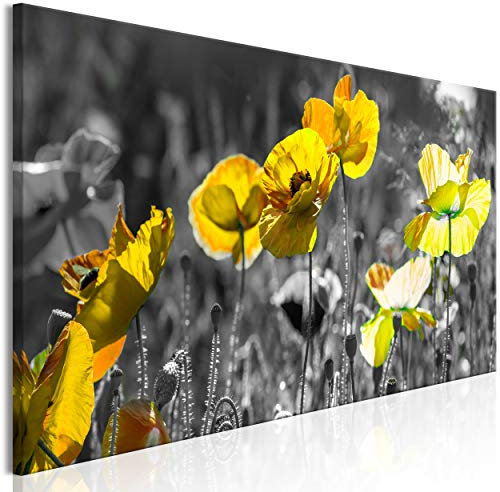 decomonkey Bilder Mohnblumen 150x50 cm 1 Teilig Leinwandbilder Bild auf Leinwand Vlies Wandbild Kunstdruck Wanddeko Wand Wohnzimmer Wanddekoration Deko Blumen Natur schwarz-weiß gelb
