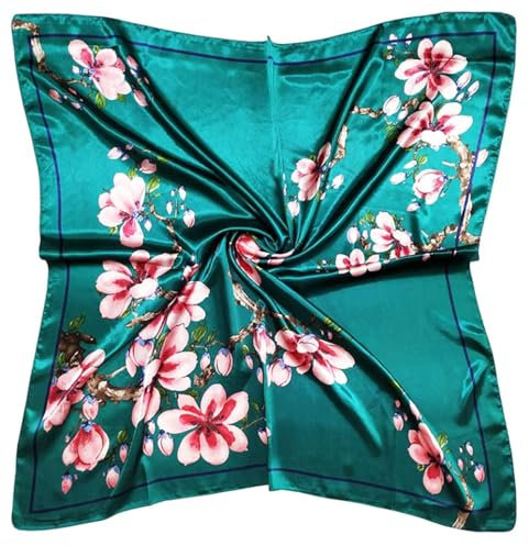 vabovin Seidenähnliches Kopftuch für Damen, Satin, bedrucktes Bandana zum Haarwickeln, modisches Accessoire, 89,9 cm, quadratischer Haarschal, 029 Blaugrüne Blumen, 35'' x 35''
