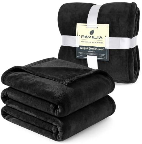 PAVILIA Fleece-Bettdecke, Kingsize, superweicher, Flauschiger Flanell-Überwurf für Couch, Sofa, Plüsch-Mikrofaser, große Überwurfdecke, Kingsize-Bett, Schwarz, Samtdecke, 90 x 108 cm