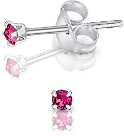 Pendientes Pequeños Brillantes de Colores en Plata de Ley 925 con Cristal Swarovski 2 mm - Pendientes de Colores - Aretes Mujer Plata de Ley 925 - Pendientes Rosa