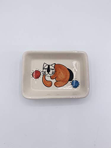Seifenschale aus Keramik, handgefertigt und handbemalt mit rotem Katzenmotiv