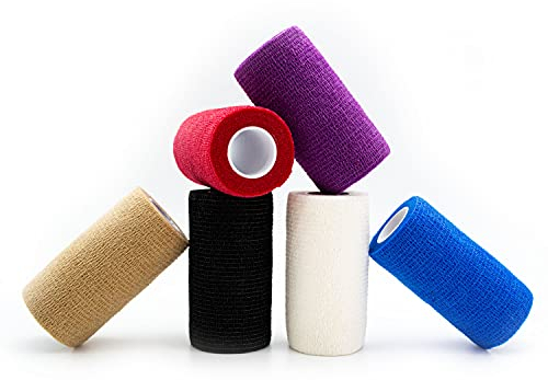 12x Selbstklebender Verband - Selbsthaftende Bandage - Pflaster Rolle - Fingerpflaster - Haftbandage - Fixierbinde - Elastischer Verband - schwarz blau lila weiß rot hautfarbe (Weiß, 10cm)