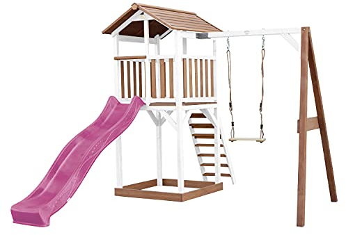 AXI Beach Tower Spielturm aus Holz in Braun & Weiß | Spielhaus für Kinder mit lila Rutsche, Schaukel und Sandkasten | Stelzenhaus für den Garten