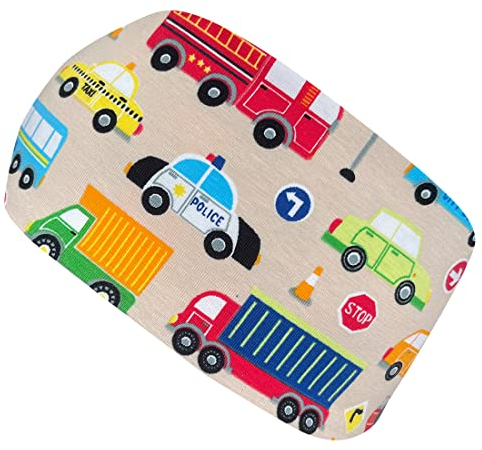 Wollhuhn ÖKO Kinder/Jungen/Mädchen Cooles Elastisches Stirnband/Haarband Bequem Zweilagig Jersey Oder Fleece Viele Motive 21215152 (Autos Beige/Bunt)