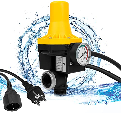 Randaco Pumpensteuerung Druckschalter mit Manometer Druckwächter, max.10 bar, mit Kabel Automatisches EIN- und Ausschalten für Pumpe Brunnenpumpe Kreiselpumpe Tauchpumpe, Gelb