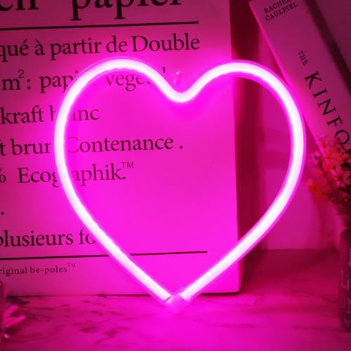 Panneau néon en forme de cœur rose pour décoration murale, lampe LED en forme de cœur, fonctionne avec piles/USB, décoration pour chambre à coucher, fête des mères, Noël, Saint-Valentin - Rose