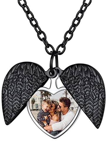 Custom4U Kupfer Herz Engelsflügel Medaillon Schwarz Damen Frauen Personalisierte Schutzengel Flügel Medaillon zum Öffnen für Bilder aufklappen mit Gravur Memorial Foto Halskette Locket Amulett Schwarz