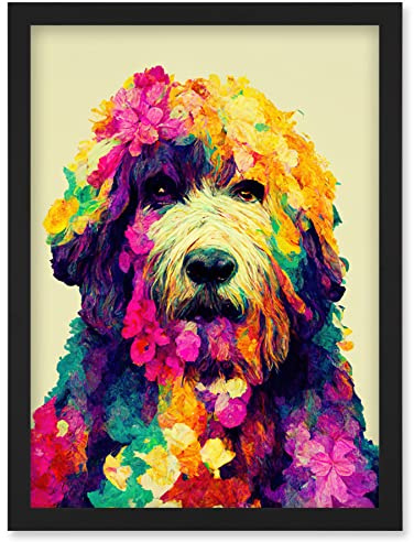 Wee Blue Coo Colourful Vibrant Floral Labradoodle Dog Abstract Portrait Artwork Framed Wall Art Print A4