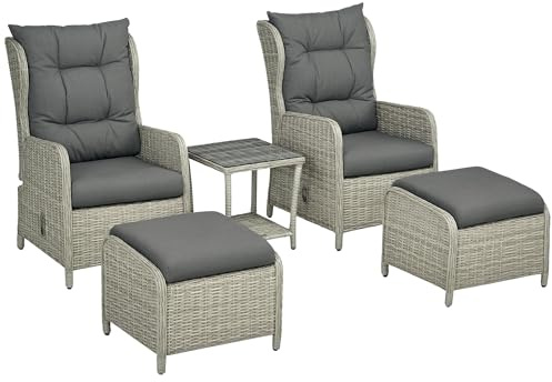 Outsunny 5 Pieces Rattan Bistro Set with Adjustable Back, Reclining Wicker Balcony Furniture with Cushions, Glass Top Coffee Table and Footstools, Outdoor Table and Chairs, Grey