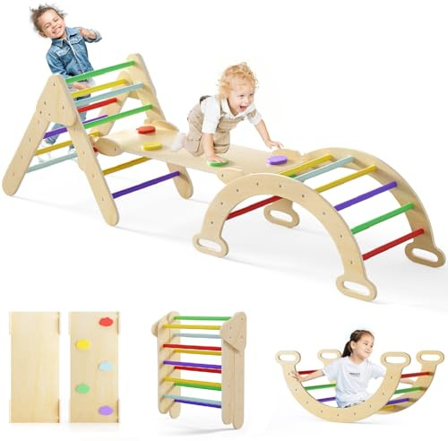 Olakids Pikler Triangle Set 7 in 1 Climbing Toys for 1-3 Inside Foldable Wood Montessori Jungle Gym with Ramp Slide Arch Rocker Ladder Indoor Activity Playground Climber