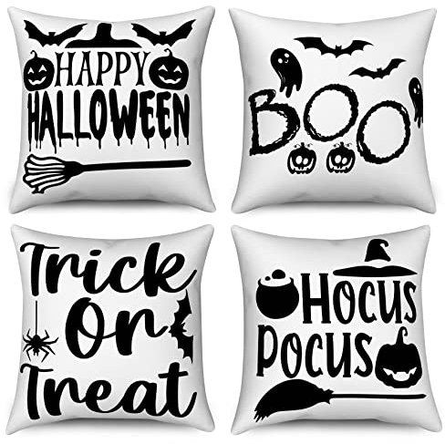 Halloween Kissenbezug 45x45 4er Set, Hnmdmyi Happy Halloween Schwarz Kürbis Fledermaus Geist Boo Trick or Treat Hocus Pocus Dekorative Kissenbezüge Leinen Kissenhülle für Sofa Couch Outdoor Home Decor