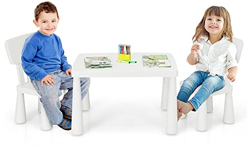 COSTWAY Grupo de Asientos Muebles para Niños Juego de 1 Mesa y 2 Sillas de Plástico para Cuarto de los Niños Sala de Estar (White)