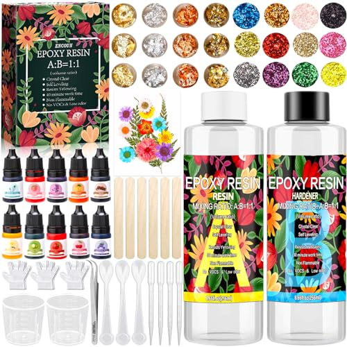 ENCOUN Resine Epoxy Transparente, 510ml Kit de Résine Époxy avec Colorant, Paillette, 1: 1 Ratio Revêtement en Résine Coulée Cristalline, Resine Epoxy Kit pour Fabrication de Bijoux, Artisanale