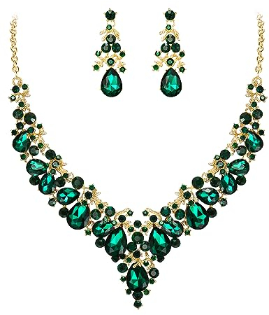 EVER FAITH Damen Kristall Braut Bankett Floral Leaf Teardrop Halskette Ohrringe Set Grün Gold-Ton