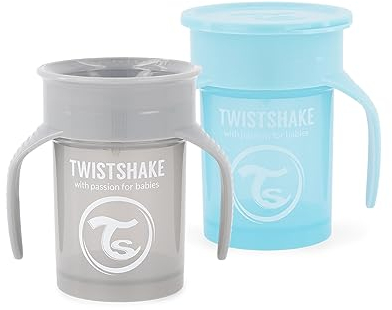 Twistshake 2 x 360 Cup Gobelet d'Apprentissage à Boire à Bec 230 ml, Tasse d'Entraînement Bébé à Bec, Bordure 360° Antifuites, Ergonomiques, Sans BPA, 6+ Mois et, Gris Pastel & Bleu Pastel