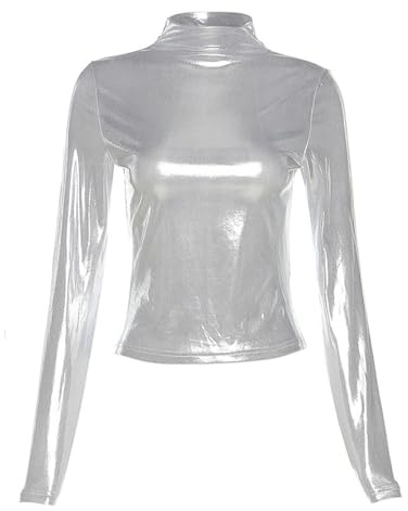 Women's Long Sleeve Shiny Tops, Metallic Liquid Mock Neck Turtleneck Tops, Slim Fit Casual Pullovers Tunic for Clubwear, Solid Leather Look Tee Top Blouse, Sexy Party Tank Tops Dance Club T-Shirt
