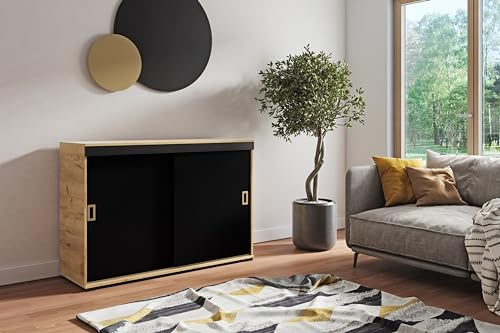 KIER FURNITURE Sideboard Mit Schiebetür – Wohnzimmerschrank – Schrank Wohnzimmer – Sideboard Wohnzimmer Schmal – Kommode Flur – Farbe Craft Eiche Gold + Schwarz – 120x45x94cm