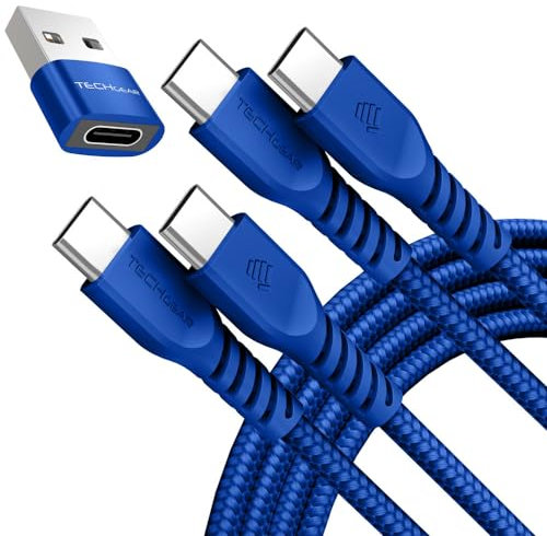 TECHGEAR Cavo caricabatterie da USB C a USB C 60 W (1 M+1 M+adattatore) Cavo intrecciato FORTE da tipo C a C Cavo dati a ricarica rapida compatibile con iPhone 15, iPad Pro 2022, iPad 10th 2022, MacB