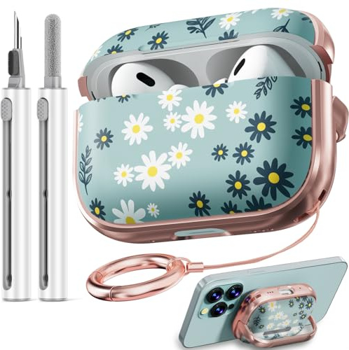 Inesore for AirPods Pro 2nd/1st Case (2023) with Lock-Green Daisy | with Safty Lock,Two-Piece Design,with Gold Keychain & Clean Pen,Support Wireless Charging,Cute Luxury Case for Women Girly