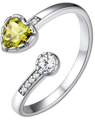 Silvora 2mm breit Offener Zirkonia Fingerring 925 Silber Offener Geburtsstein Ring Damen Frauen Herz Peridot Freundschaftsring Verlobungsring Ehering Ringgröße 52 (16.5)-62 (20)