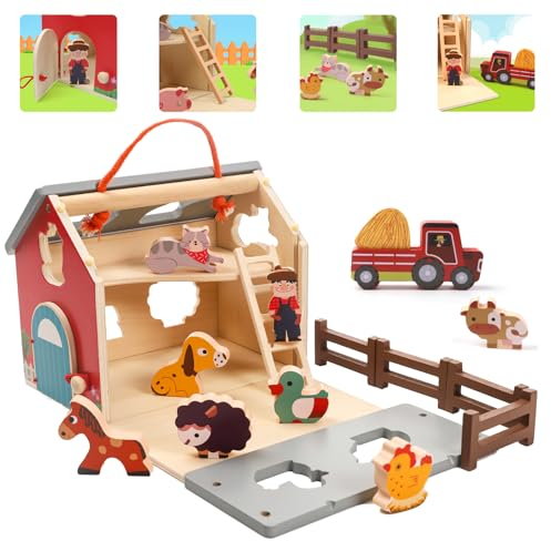 XIAPIA Juguetes Montessori Granja Animales Niños 1 2 3 Años, Juegos de Granja con Bloques de Madera para Construir Animales, Juguetes Educativos para Niño, Regalo para niños