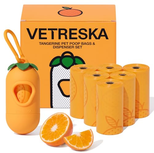 VETRESKA Sacs à Crotte pour Chien avec Sacs à Déchets à Arôme d'Agrume, Étanchéité Garantie, Extra Épais et Grand, 1 Distributeur et 105 Sacs, pour Promenades avec Chien et Litière de Chat, Orange